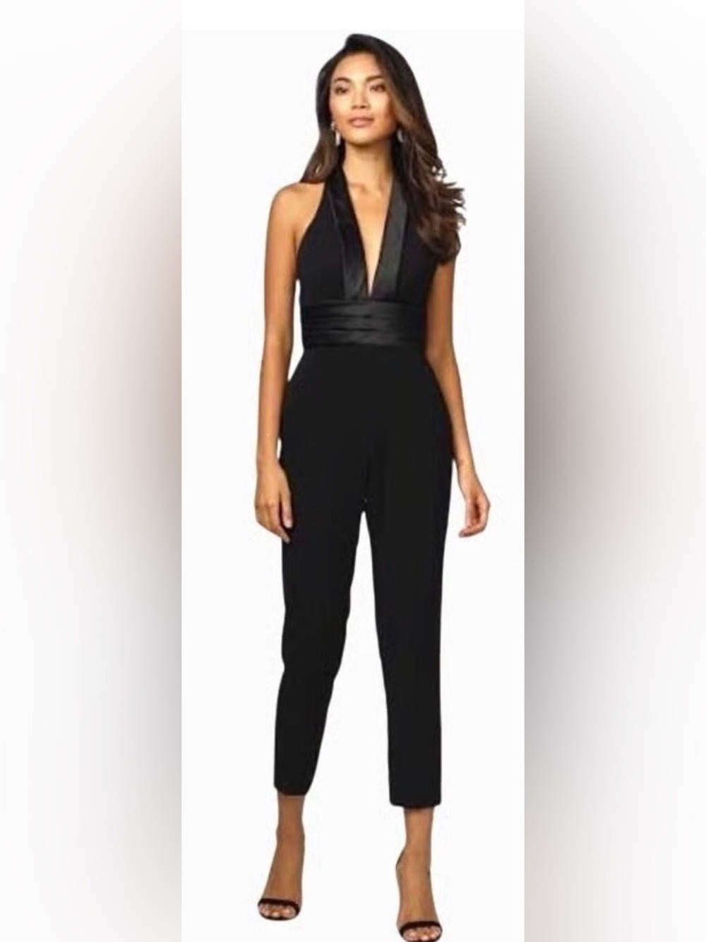 JAYGODFREY Black Halter V-Neck Satin-Waist Jumpsuit